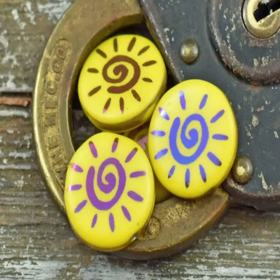 *8* 14mm Opaque Yellow Sliperit Laser Etched Sun Design Coin Beads {5}