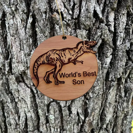 TRex Dinosaur Worlds Best Son - Cedar Ornament {2}