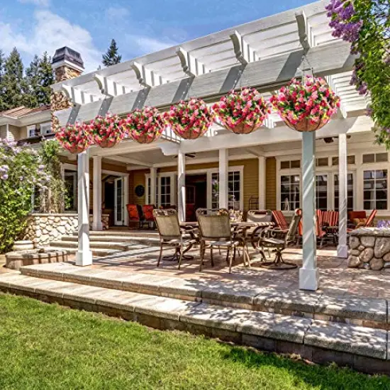 Artificial Hanging Flowers Basket,Fake Daisy Flowers,4 Branches Artificial Hanging Plants in 12 Inch Basket for Outdoor Garden Yard Pouch Patio Indoor Home Decoration (Pink) {5}