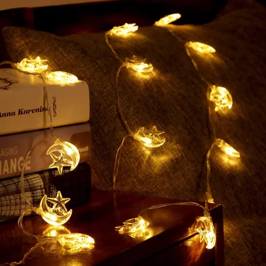 Moon Star String Lights for Eid Decorations, 6.6 ft 20 LEDs Ramadan Festival Lights, Fairy String Lights Battery Operated Indoor Outdoor, Warm White {4}