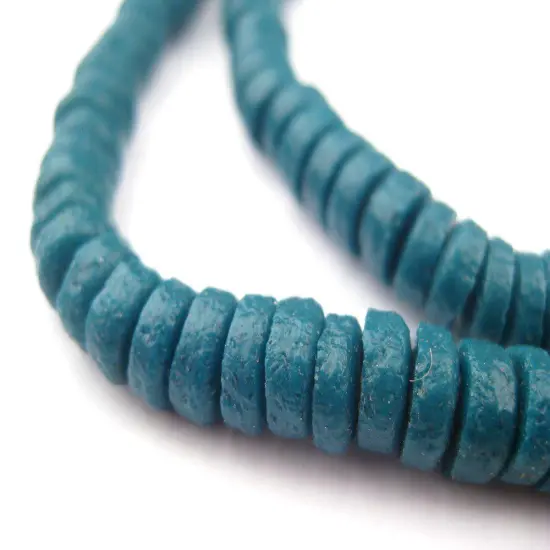 The Bead Chest Teal Sandcast Disk Beads - Full Strand of 7mm African Rondelle Donut Glass Beads from Ghana {1}