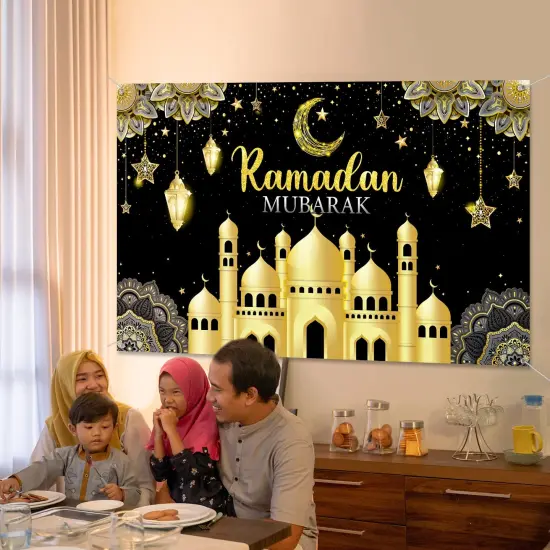 Backdrop Banner Muslim Kareem Background Eid Sign Photo Booth for Home Al Fitr Party Supplies (Black) {4}