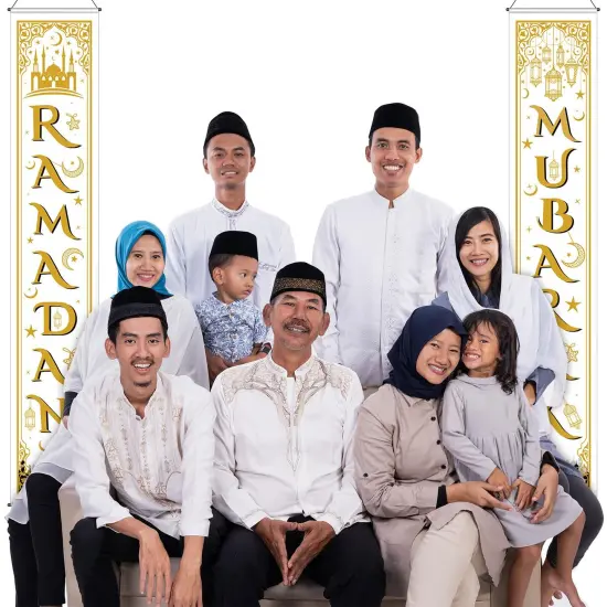 Eid Mubarak Decoration Set Eid Mubarak Porch Sign Ramadan Banner Hanging Decoration for Indoor/Outdoor Decoration Eid Al-fitr Party (Gold White) {5}