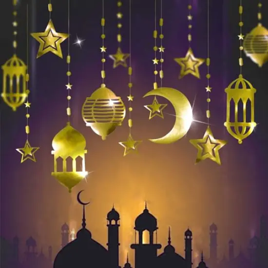 16 Pieces Islamic Gold Star Crescent Moon Lantern Ramadan Garland EID Decoration Home Happy Ramadan Mubarak Party Decor Hanging Streamer Wedding Backdrop Banner Aladdin Birthday Party Supplies {2}