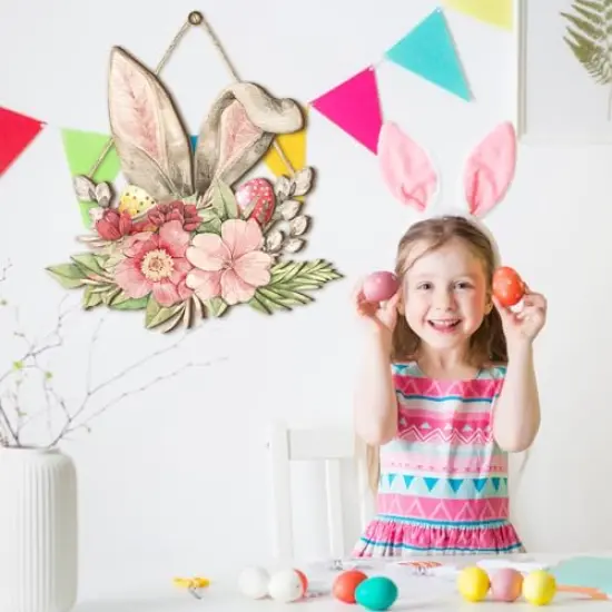 Juexica Easter Door Sign Bunny Ear Hanging Door Decor Easter Flower Wooden Sign Wall Hanging Decorations for Front Door Wood Porch Decor Wall Pediments {4}