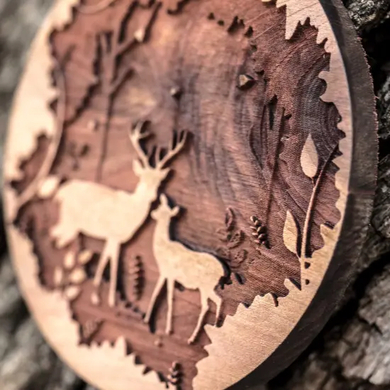Deer Couple - Raw Cedar Ornament 3x3in {2}