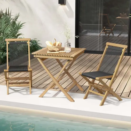 Costway 2/4 PCS Patio Folding Chairs with Woven Rope Seat & Back Indonesia Teak Wood for Porch Natural&Black {2}