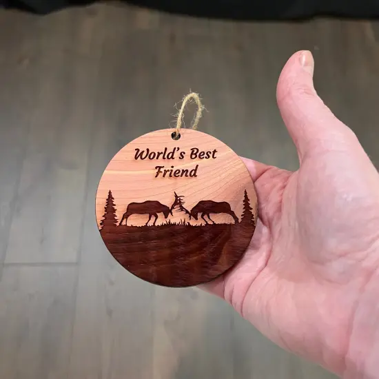 Worlds Best Friend Elk Battle - Cedar Ornament {4}