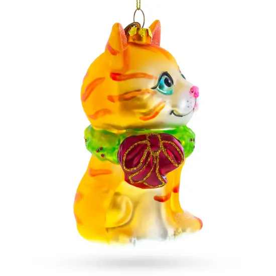 Orange Tabby Cat with Scarf Glass Christmas Ornament {3}