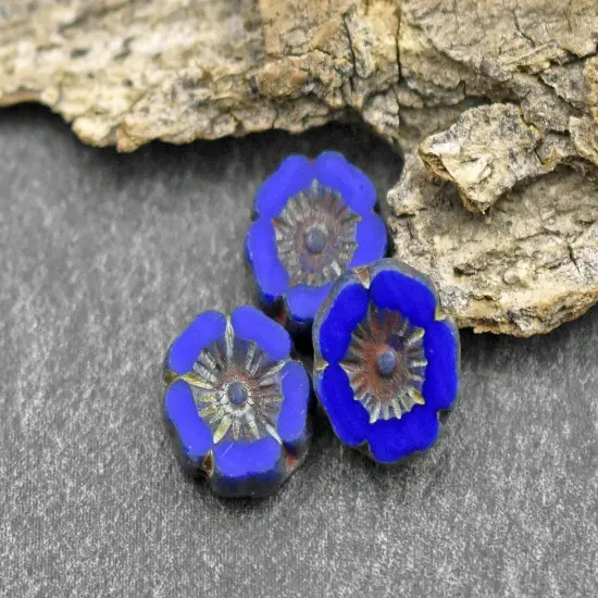 *12* 12mm Opaque Cobalt Blue Picasso Table Cut Hawaiian Flower Beads {2}