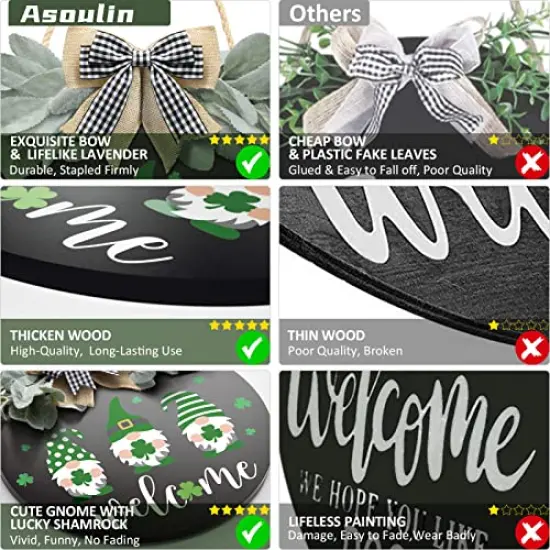 St Patrick's Day Welcome Sign Wreath For Front Door Decor Shamrock Hanging Door Sign Gnomes Pattern With Greenery & Bow Wooden Round St Patricks Day Decoration For The Home Farmhouse Decor 12x12 Inch {3}