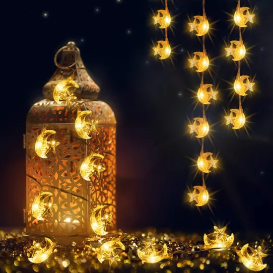 Moon Star String Lights for Eid Decorations, 6.6 ft 20 LEDs Ramadan Festival Lights, Fairy String Lights Battery Operated Indoor Outdoor, Warm White {2}