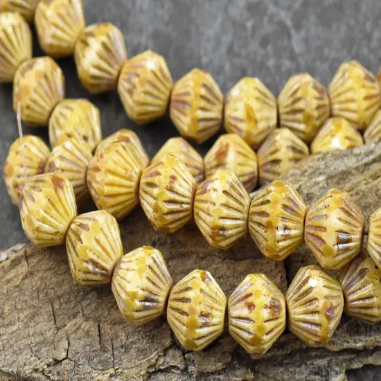 *10* 10mm Antique Ivory Picasso Central Cut Bicone Beads {1}