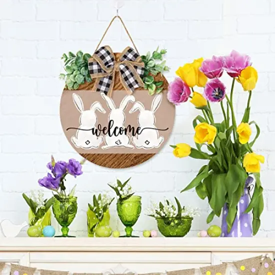 Whaline Easter Wooden Hanging Sign Bunny Rabbit Welcome Sign Door Decoration with Bow Rustic Easter Wood Wreath Sign for Easter Spring Holiday Home Coffee Shop Bakery Farmhouse Window {6}