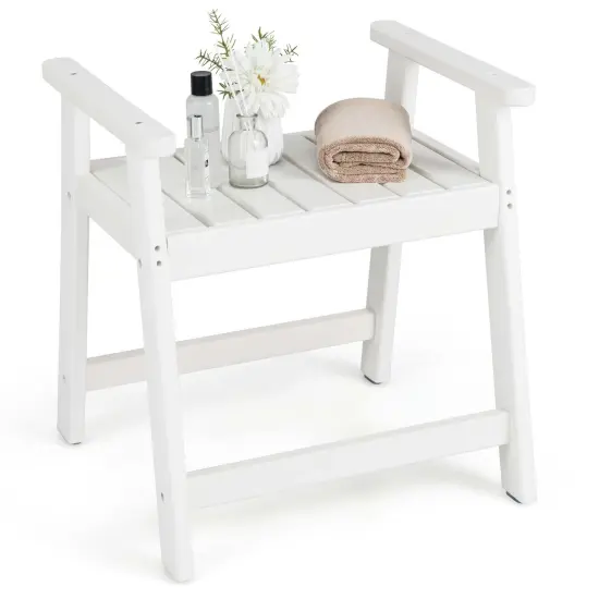 Costway Waterproof HDPE Shower Bench Bathroom Shower Chair with Armrest Heavy Duty White/Brown {1}