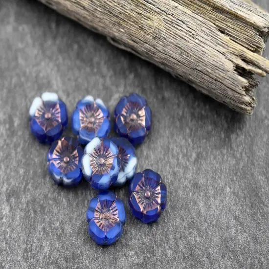 *11* 12mm Bronze Washed Blended Cobalt Turquoise Table Cut Hawaiian Flower Beads (LAST Pack) {2}