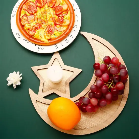 2 Sets Ramadan Wood Tray Moon Wooden Star Tableware Eid Mubarak Party Serving Tableware for Breakfast Dinner Dessert Pastry Display Holder Decoration Ornament {6}