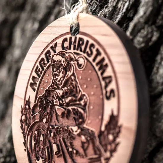 Merry Christmas - Motorcycle Santa - Raw Cedar Ornament 3x3in {2}