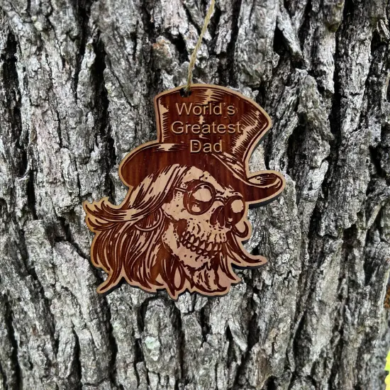 Worlds Best Dad with SKULL and HAT - Cedar Ornament {1}