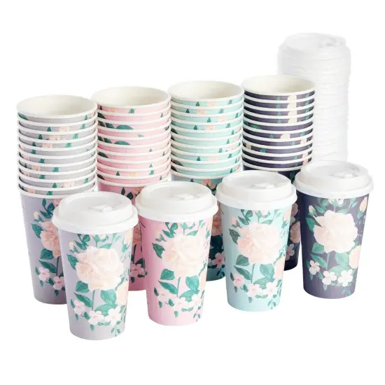 48 Pack Disposable 16 oz To Go Paper Coffee Cups with Lids, 4 Pastel Colors {1}