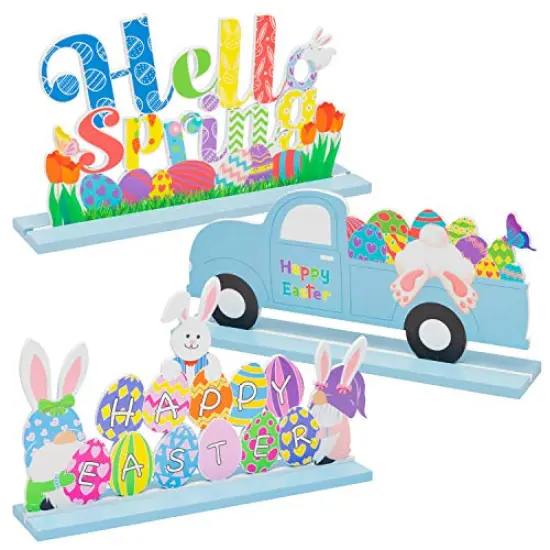 WATINC 3Pcs Easter Table Decorations Wooden Centerpiece Signs for Dining Room Table Easter Bunny for Spring Holiday Easter Party D&eacute;cor Ornament Indoor Outdoor Garden Yard Lawn Party Supplies {1}