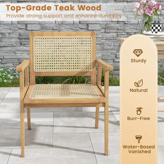 Costway 1/2 PCS Wood Chair Indonesia Teak Wood Armchair with Natural Rattan Seat & Back Patio Chair for Porch {6}