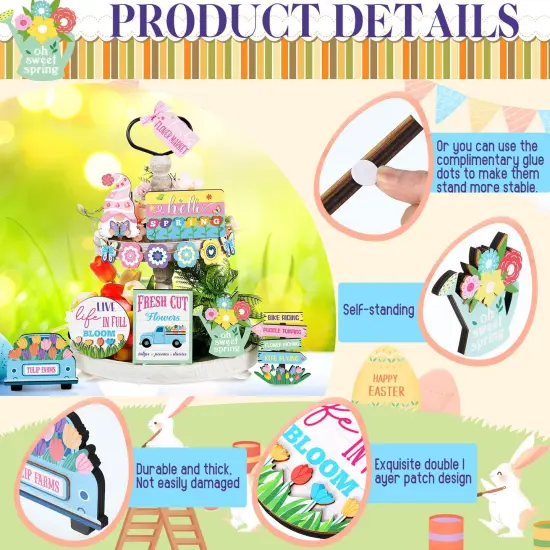 14 PCS Hello Spring Tiered Tray Easter Decorations Fresh Flower Market Wooden Sign Farmhouse Rustic Wood Mini Tiered Tray for Spring Home Decor {6}