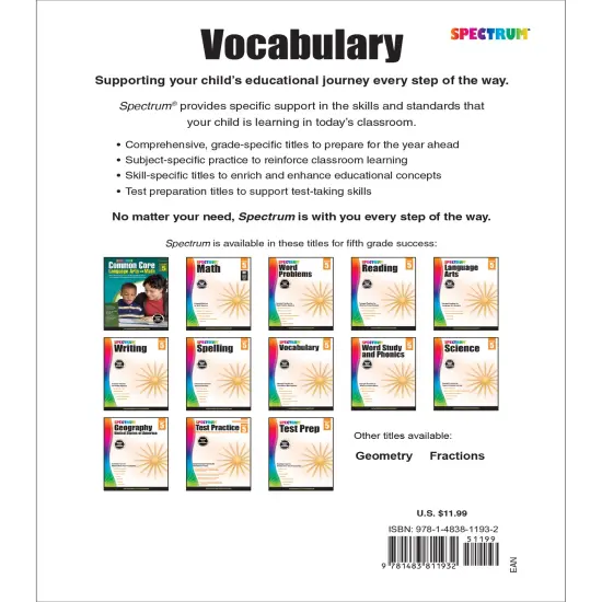 Spectrum Grade 5 Vocabulary Workbook, Language Arts Book Covering Analogies, Roots and Affixes, Sensory Words, Reading Comprehension, and More, ELA Classroom or Homeschool Curriculum {2}