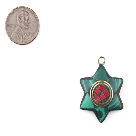The Bead Chest Nepali Star of David Pendant: Authentic Ethnic Judaica Brass Charm Inlaid with Stone for DIY Necklace and Jewelry (Turquoise & Red) {2}