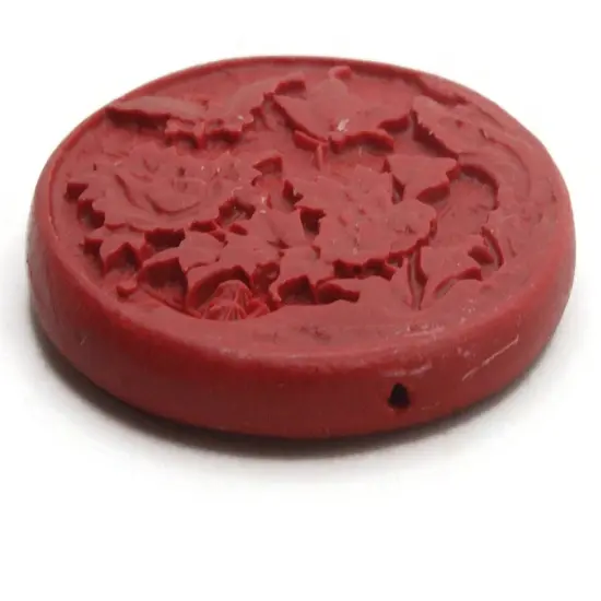 47mm Red Carved Cinnabar Flower and Butterfly Focal Bead {3}