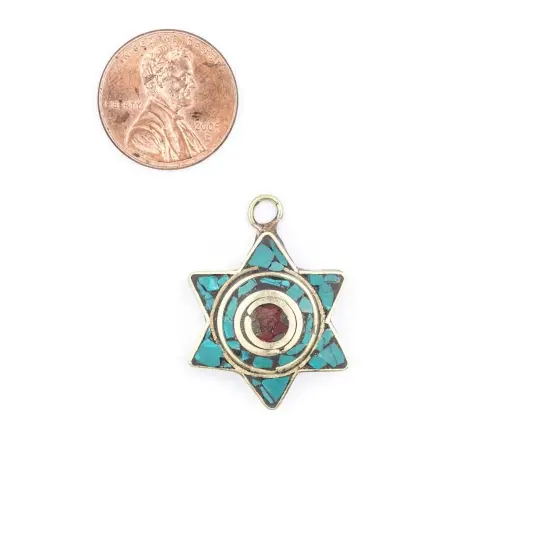 The Bead Chest Nepali Star of David Pendant: Authentic Ethnic Judaica Brass Charm Inlaid with Stone for DIY Necklace and Jewelry (Turquoise & Coral) {2}