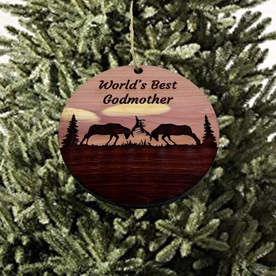 Worlds Best Godmother Elk Battle - Cedar Ornament {2}