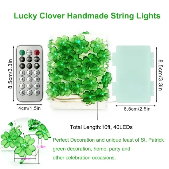 St Patricks Day Decorations Shamrocks String Lights Battery Operated with Remote 10 ft 40 LEDs Lucky Clover Green Lights for Bedroom Party Feast of Saint St. Patrick's Day Decoration {6}