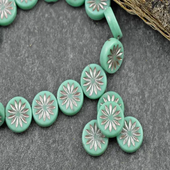 *15* 12mm Platinum Washed Opaque Turquoise Aster Flower Coin Beads {3}