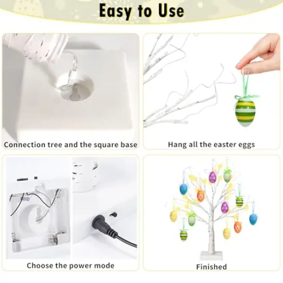 12 Pieces 24" Easter Lighted Birch Tree withOrnaments,Warm White LED Birch Tree Light Tabletop Artificial Tree 8 Lighting Modes USB or Batteries Operated with Timer for Easter Decor {6}