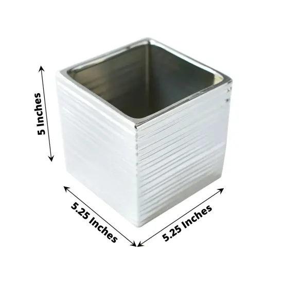 2 Square 5" Metallic Ceramic Cube Planter Boxes Flower Plant Pots Party Events Silver {1}