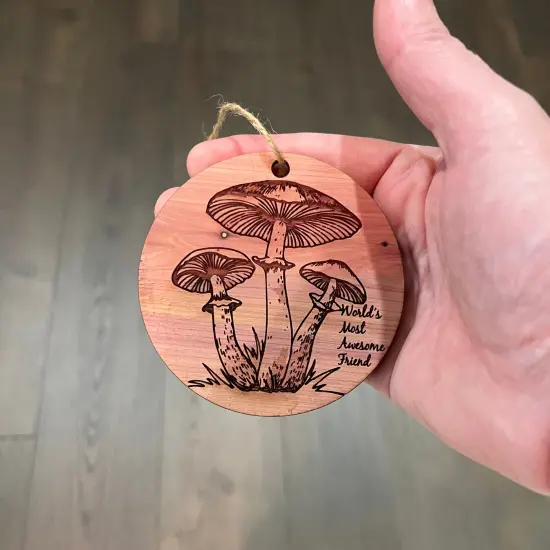 Toadstool Worlds Most Awesome Friend - Cedar Ornament {3}