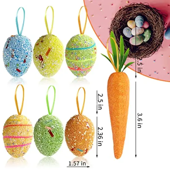 Easter Egg Ornaments and Carrot Hanging Ornaments 12 Pieces Colorful 6 Pieces Premium Foam Glitter Artificial Carrots Tree Decorations Home Party DIY Crafts {6}