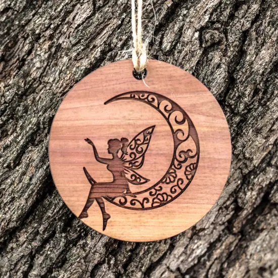 Fairy Moon - Raw Cedar Ornament 3x3in {1}