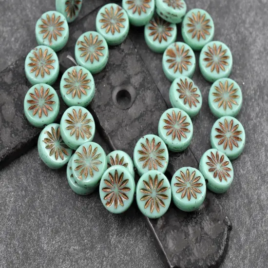 *15* 12mm Dark Bronze Washed Opaque Turquoise Aster Flower Coin Beads {2}