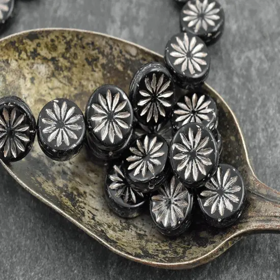 *15* 12mm Platinum Washed Jet Black Aster Flower Coin Beads {2}
