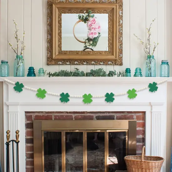 St. Patrick's Day Decorations, Felt Shamrocks Wood Bead Garland for St. Patrick's Day Decor, Lucky Green St. Patrick's Day Felt Banner for Fireplace Mantel Walls {4}