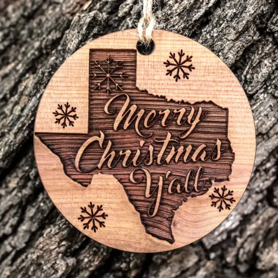 Texas Merry Christmas Y'all - Raw Cedar Ornament 3x3in {2}