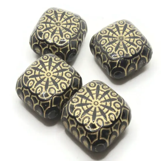 4 37mm Black Plastic Flat Square Beads with Gold {1}