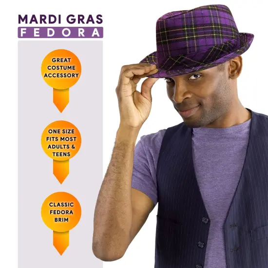 Mardi Gras Fedora Hat - Plaid Purple Mardi Gras Costume Accessories Headwear for French Parade and Party for Men Women and Children {2}