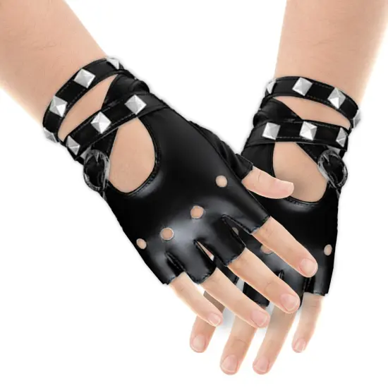 Fingerless Faux Leather Gloves - Black Biker Punk Gloves with Belt Up Closure and Rivet Design for Women and Kids {5}