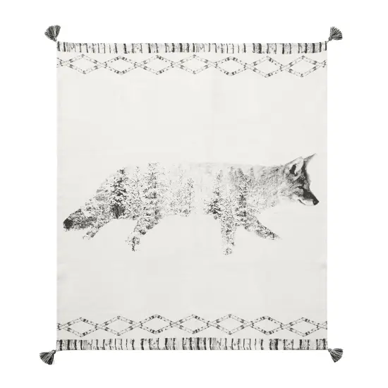 Fox in Forest Grayscale Printed 100% Cotton Throw Blanket w/ Tassels 50" x 60" {1}