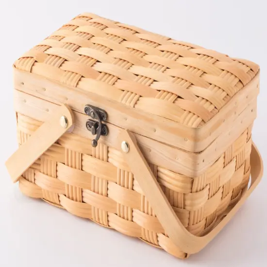 Small Woodchip Picnic Basket with Cover and Folding Handles {5}