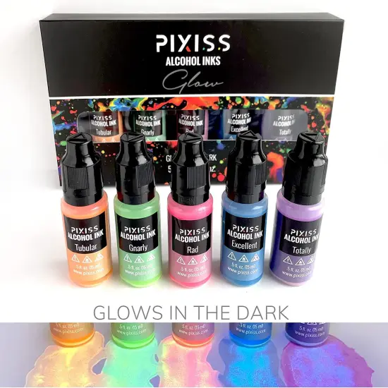 Pixiss Glow In The Dark Alcohol Inks Set, 5 Highly Saturated Glow In The Dark Inks {6}