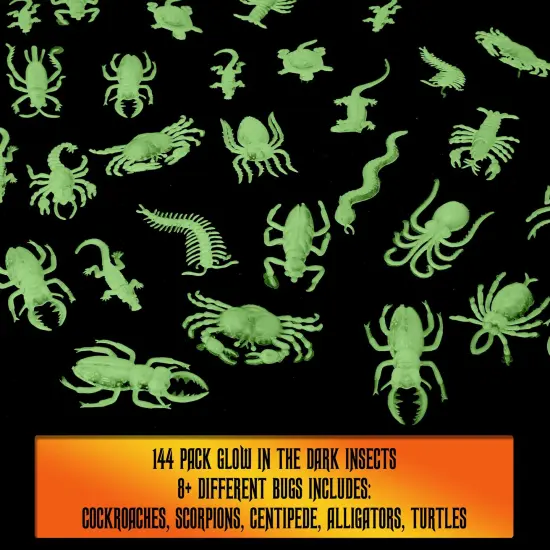 Glow in the Dark Insects - 144 Pieces - Party Favor and Prank Toys - Assorted Reptiles and Bugs Toys Great for Halloween, Birthday Parties, Piatas, Prizes and More - by Skeleteen {2}